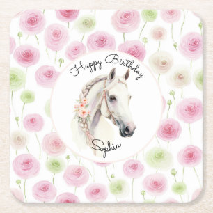 Pink Mint Floral Ranunculus Horse Birthday Square Paper Coaster