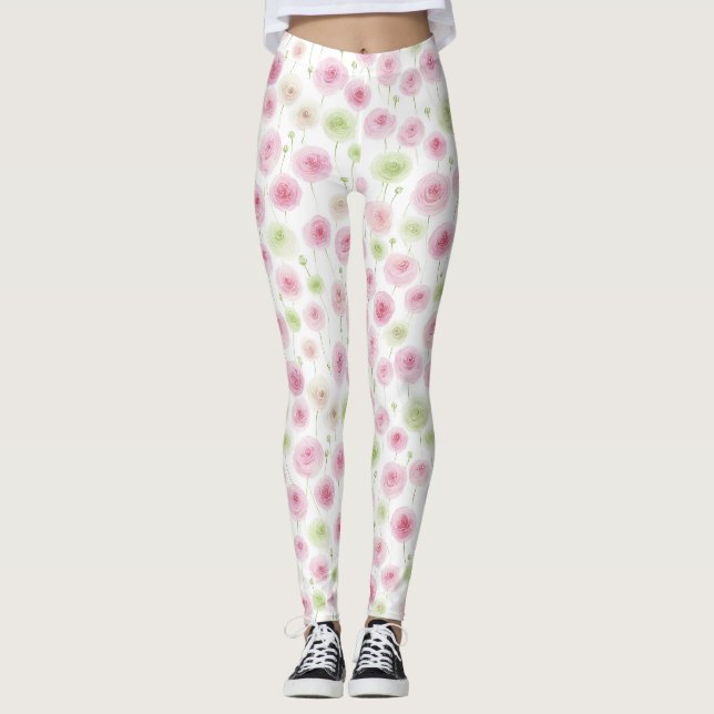 Pink Mint Floral Ranunculus   Leggings (Front)