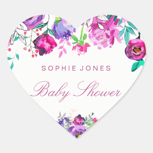 Pink Mint Flower Baby Shower Love Heart Sticker (Front)