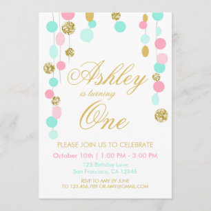 Pink Mint Gold Glitter Birthday invitation