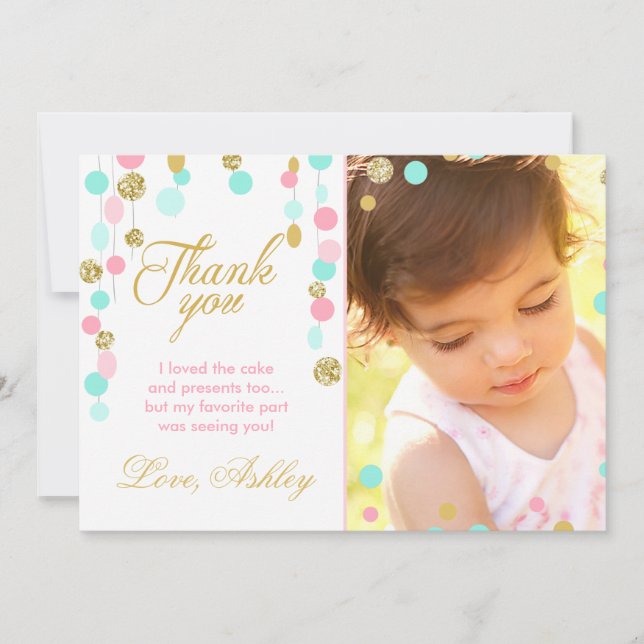 Pink Mint Gold Glitter Birthday Thank You Card (Front)