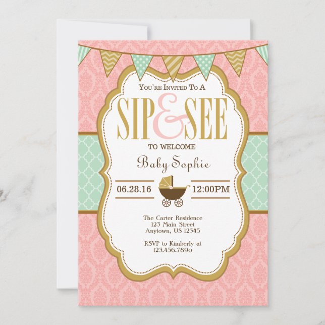 Pink Mint Gold Sip And See Invitation (Front)