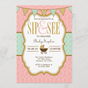 Pink Mint Gold Sip And See Invitation