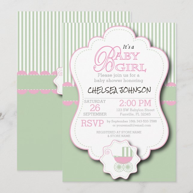Pink & Mint Green Baby Buggy Shower Invitation (Front/Back)