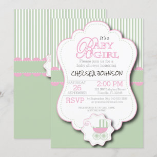 Pink & Mint Green Baby Buggy Shower Invitation