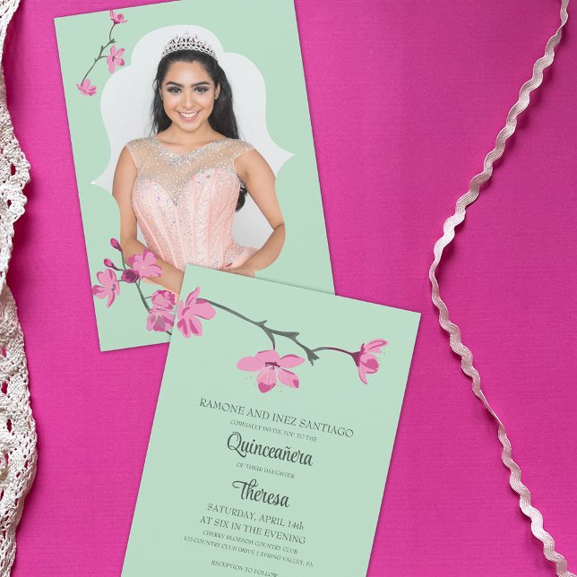 Pink, Mint Green Cherry Blossom Photo Quinceanera Invitation (Creator Uploaded)