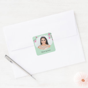Pink, Mint Green Cherry Blossom Quinceanera Photo Square Sticker
