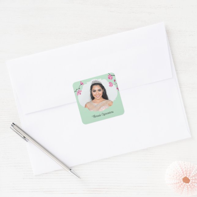 Pink, Mint Green Cherry Blossom Quinceanera Photo Square Sticker (Envelope)