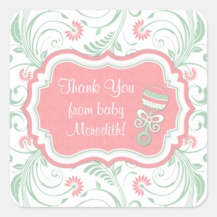 Pink Mint Green Floral Sip N See Baby Shower Favou Square Sticker