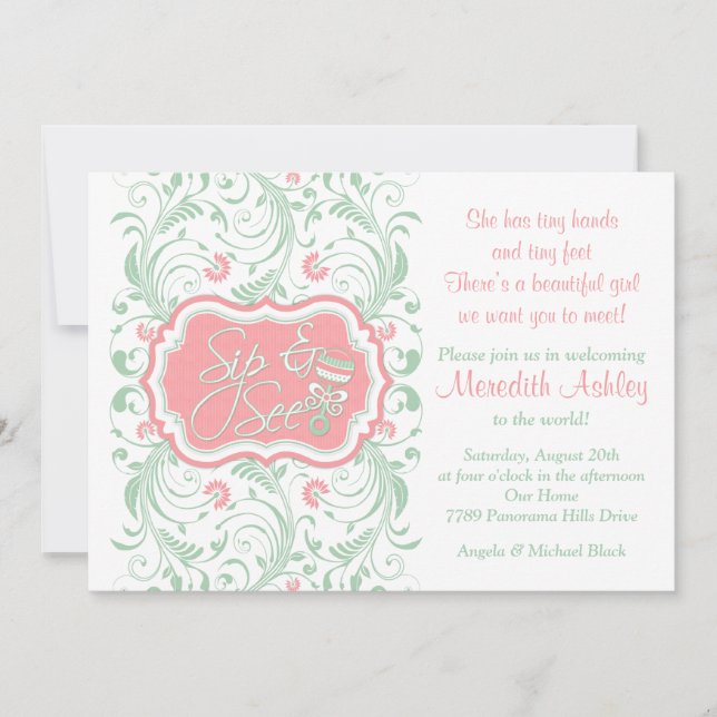 Pink Mint Green Floral Sip N See Baby Shower Invitation (Front)