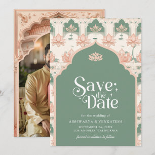 Pink Mint Green Lotus Indian Wedding Photo Save The Date