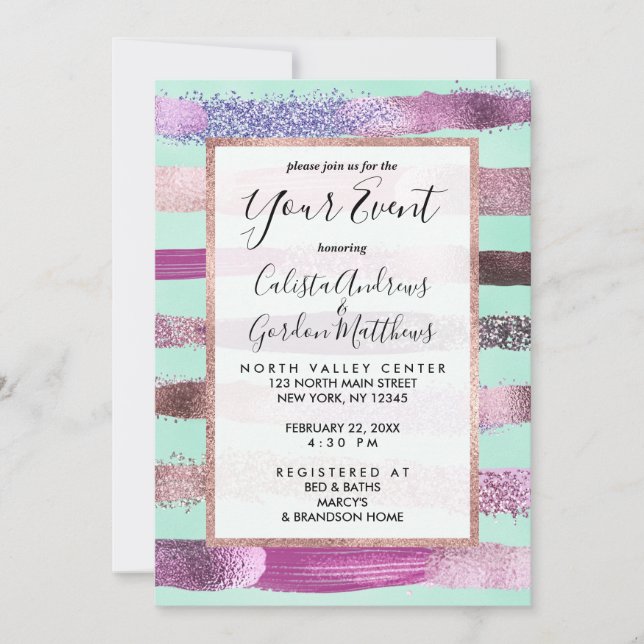 Pink Mint Green Nail Polish Glitter Brushstrokes Invitation (Front)
