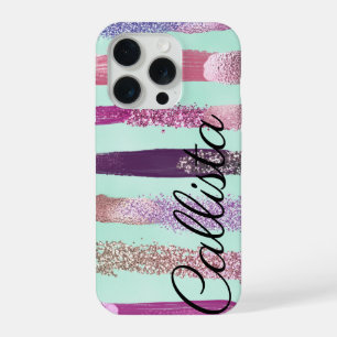 Pink Mint Green Nail Polish Glitter Brushstrokes iPhone 15 Pro Case