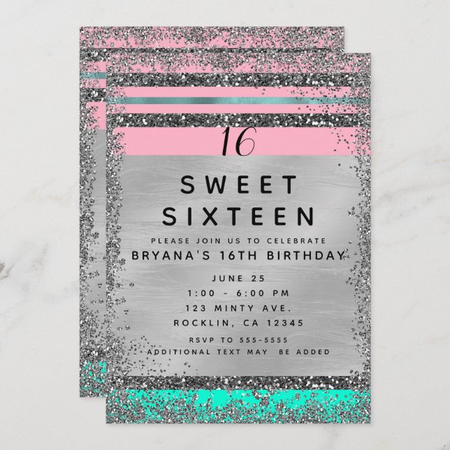 Pink Mint Green Silver Glitter Edge Sweet 16 Party Invitation (Front/Back)