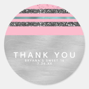 Pink Mint Green & Silver Glitter Sweet 16 Party Classic Round Sticker