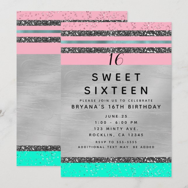 Pink Mint Green & Silver Glitter Sweet 16 Party Invitation (Front/Back)
