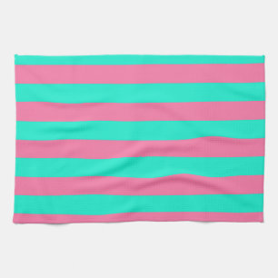 Pink Mint Green Stripes Design Tea Towel