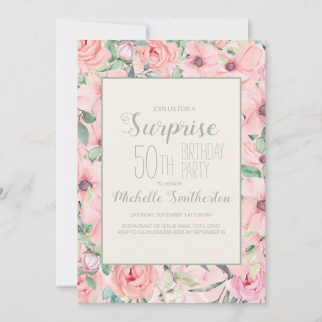 Pink Mint Green Watercolor Floral 50th Birthday (Front)