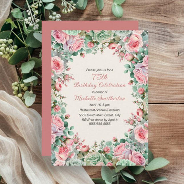 Pink Mint Green Watercolor Floral 75th Birthday Invitation (Pink and mint green watercolor floral 75th birthday party invitation for women.)