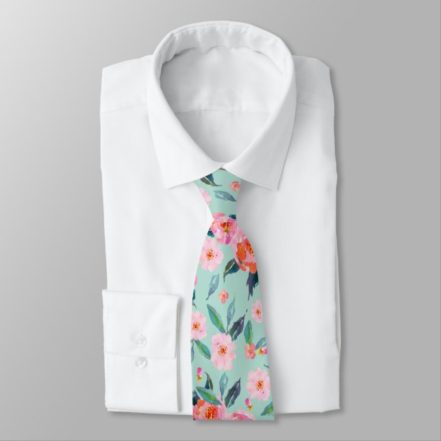 Pink Mint Green Watercolor Rose Pattern Wedding Tie (Tied)