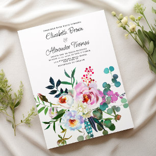 Pink mint green white peony floral boho wedding invitation