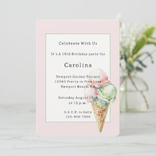Pink Mint Ice Cream Cone Birthday   Invitation