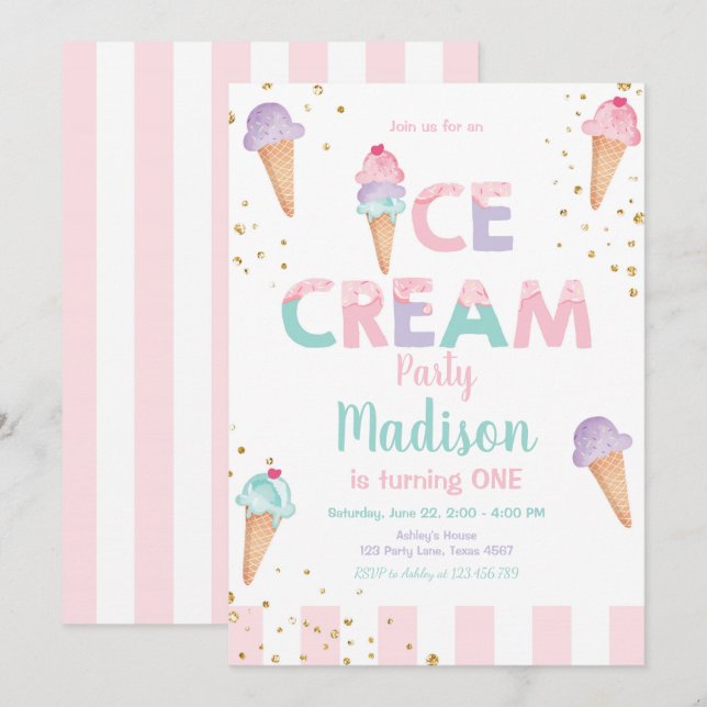 Pink Mint Ice Cream Cone Confetti Birthday Invite (Front/Back)