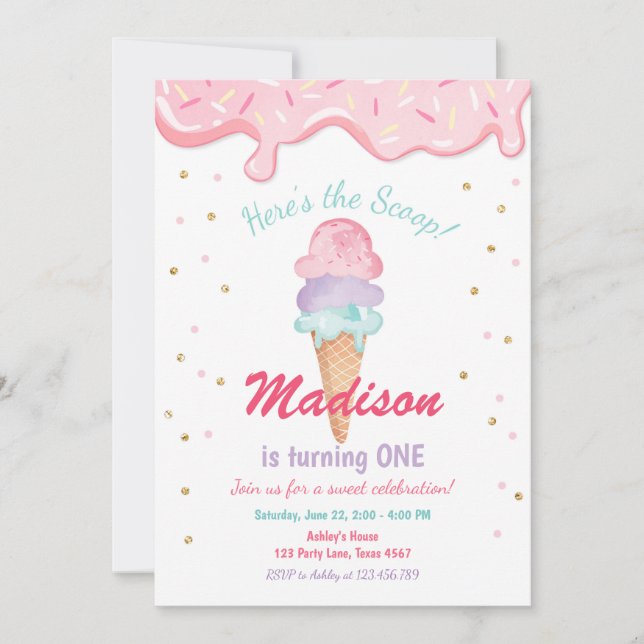 Pink Mint Ice Cream Cone Confetti Birthday Invite (Front)