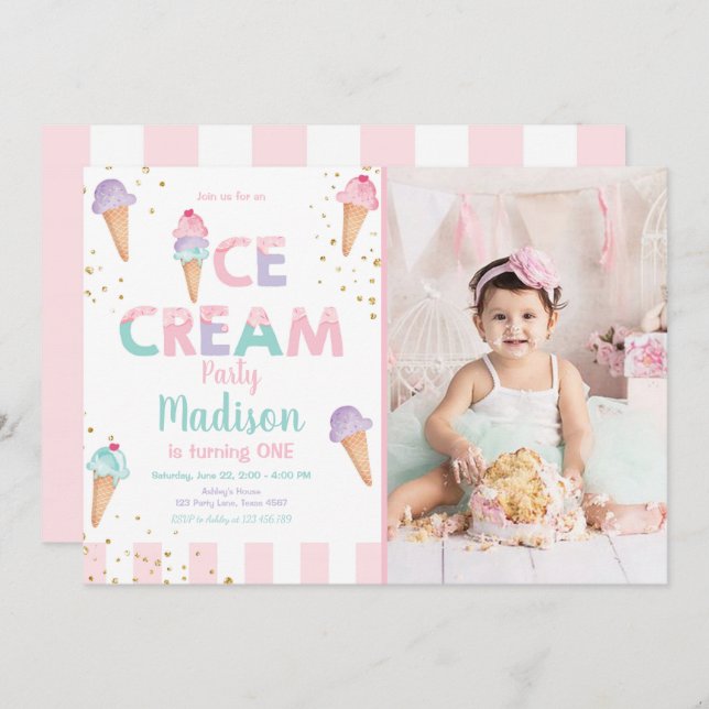 Pink Mint Ice Cream Cone Confetti Birthday Invite (Front/Back)