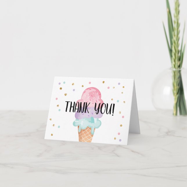 Pink Mint Ice Cream Cone Confetti Thank You Card (Front)