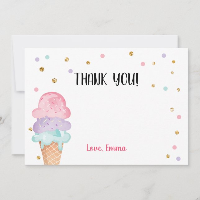 Pink Mint Ice Cream Cone Confetti Thank You Card (Front)