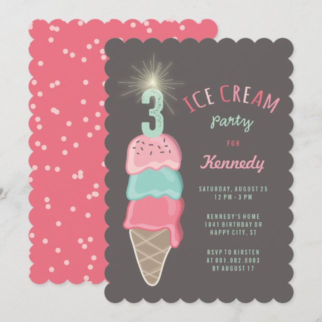 Pink Mint Ice Cream Girl 3rd Birthday Party Invite (Front/Back)