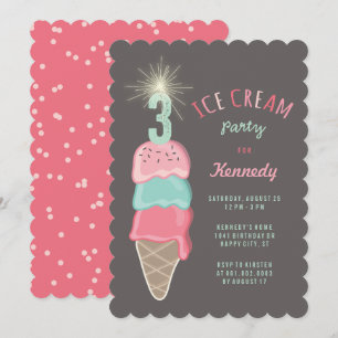 Pink Mint Ice Cream Girl 3rd Birthday Party Invite