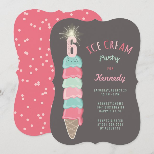 Pink Mint Ice Cream Girl 6th Birthday Party Invite (Front/Back)