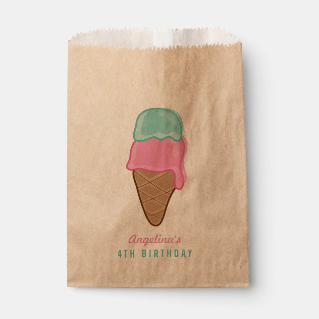 Pink Mint Ice Cream Girl Summer Birthday Party Favour Bags (Front)
