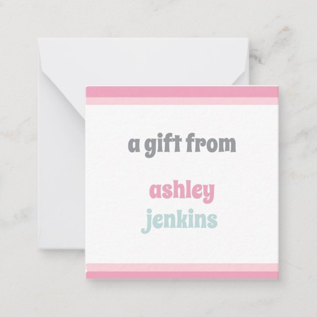 Pink & Mint Modern Name Square Gift Tag Card (Front)