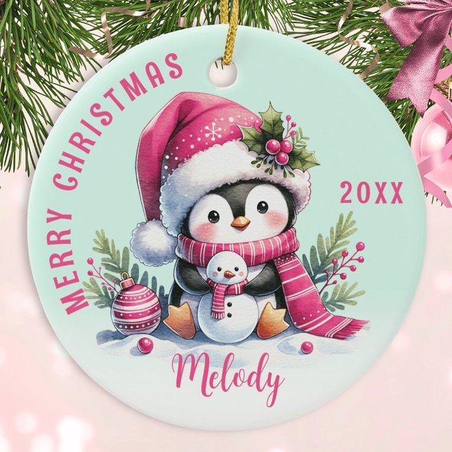 Pink Mint Monogrammed Merry Christmas Cute Penguin Ceramic Tree Decoration (Creator Uploaded)