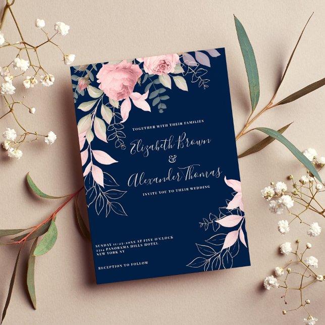 Pink mint navy blue roses leaves floral wedding invitation (Pink mint navy blue roses leaves floral wedding)
