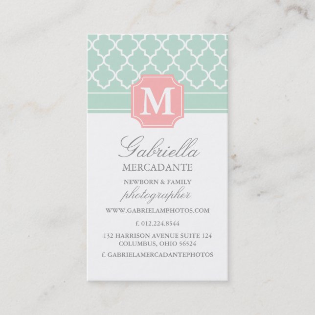 Pink Mint | Polka Dots Moroccan | Monogrammed Business Card (Front)