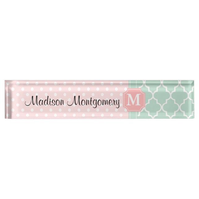 Pink Mint | Polka Dots Moroccan | Monogrammed Nameplate (Front)