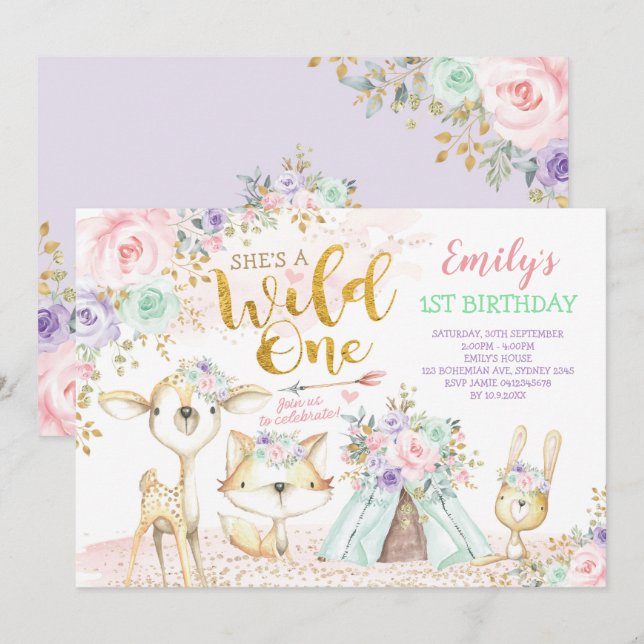 Pink Mint Purple Boho Woodland Animals Wild One Invitation (Front/Back)