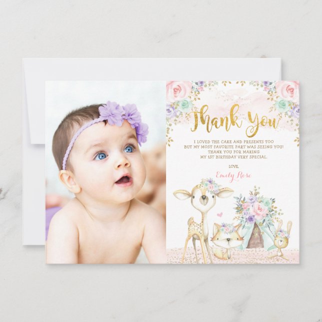 Pink Mint Purple Gold Floral Woodland Birthday Thank You Card (Front)