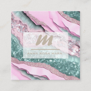 *~* PINK MINT QR Marble Glam Luxe Initial AP66 Square Business Card