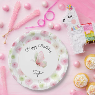 Pink Mint Ranunculus Floral Birthday Paper Plate