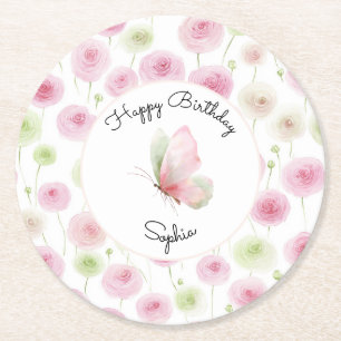 Pink Mint Ranunculus Floral Birthday Round Paper Coaster