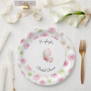 Pink Mint Ranunculus Floral Bridal Shower  Paper Plate