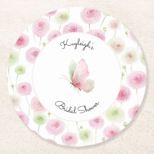 Pink Mint Ranunculus Floral Bridal Shower Round Paper Coaster