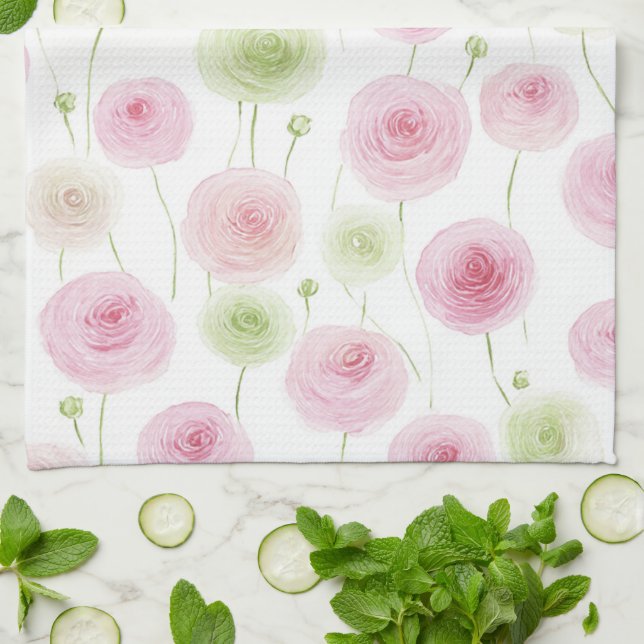 Pink Mint Ranunculus Flowers Tea Towel (Folded)