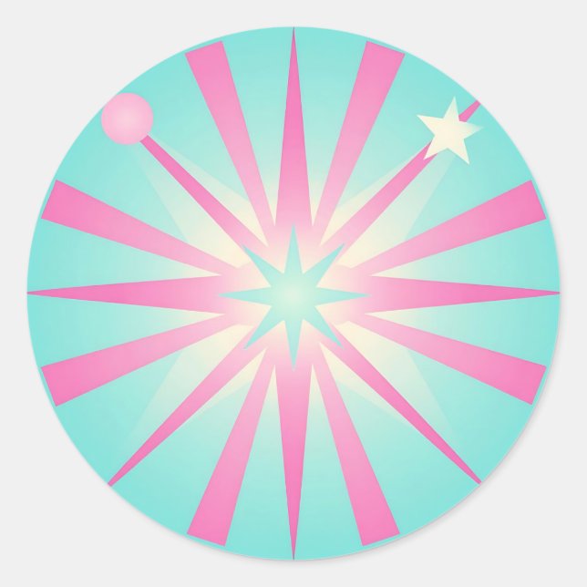 Pink Mint Retro Starburst Glow Classic Round Sticker (Front)