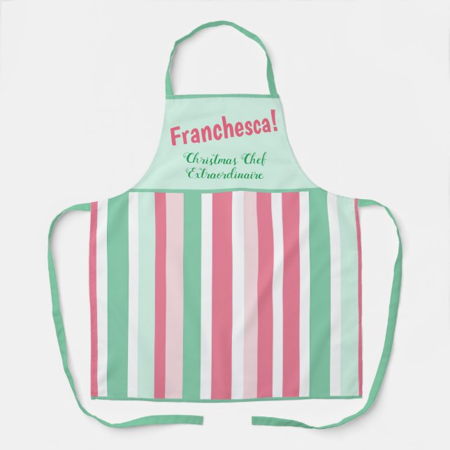 Pink Mint Stripes Christmas Apron (Front)
